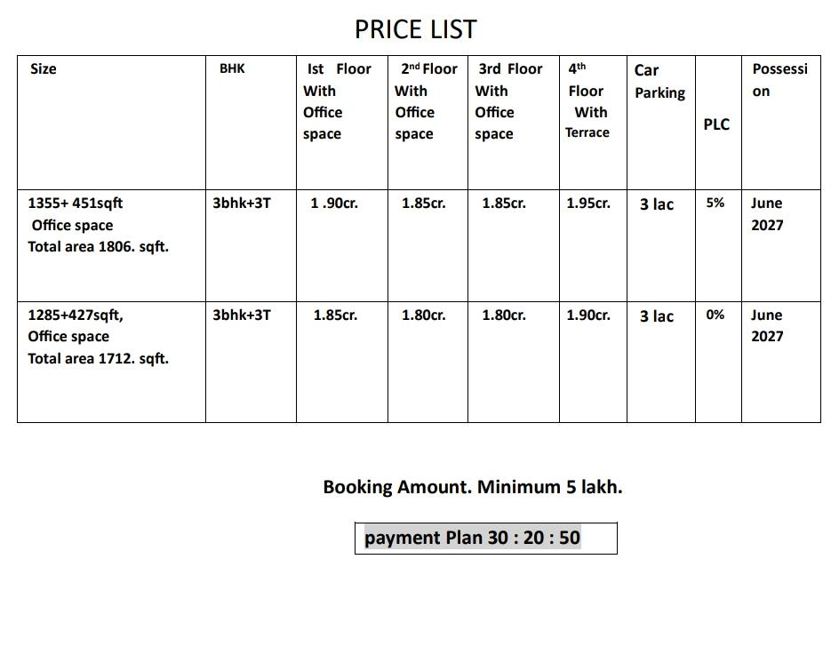 Price List and Payment Plan